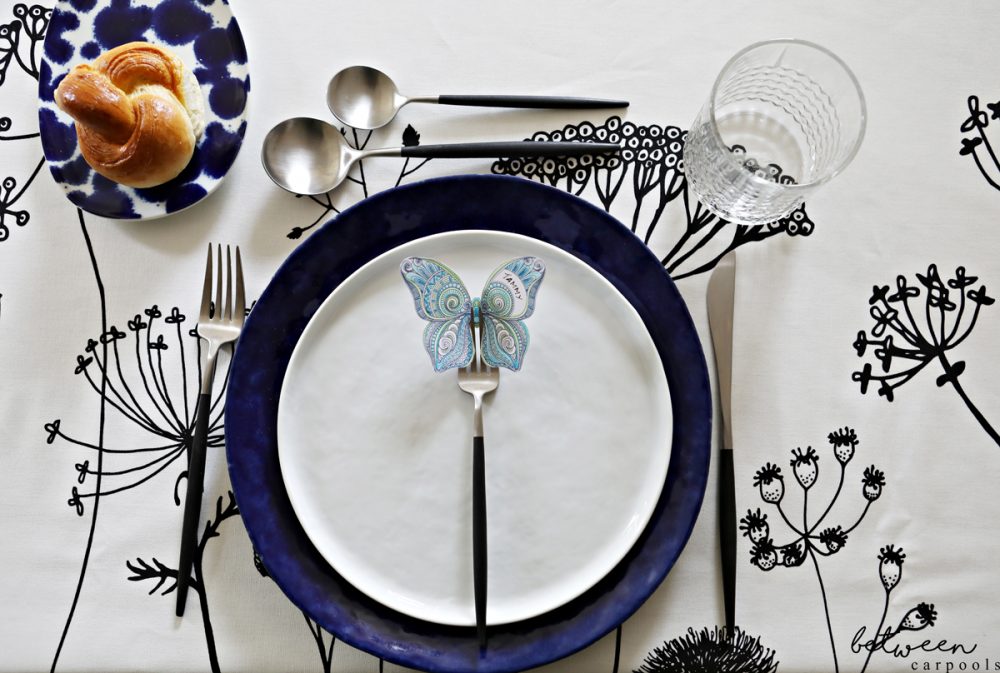 Shavuos DIY place card setting. Download print and color your own custom butterfly placecard holders.