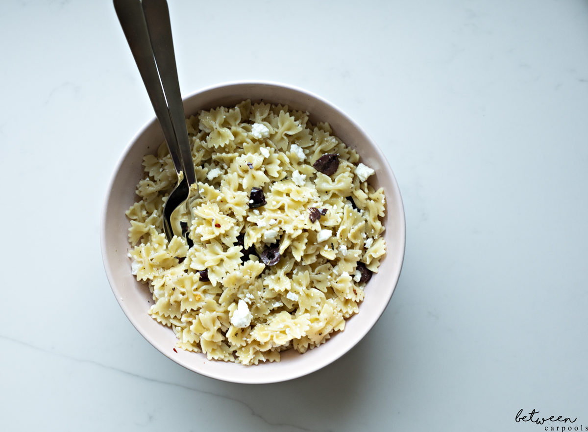 Bowl of Mediterranean pasta salad, dairy version.