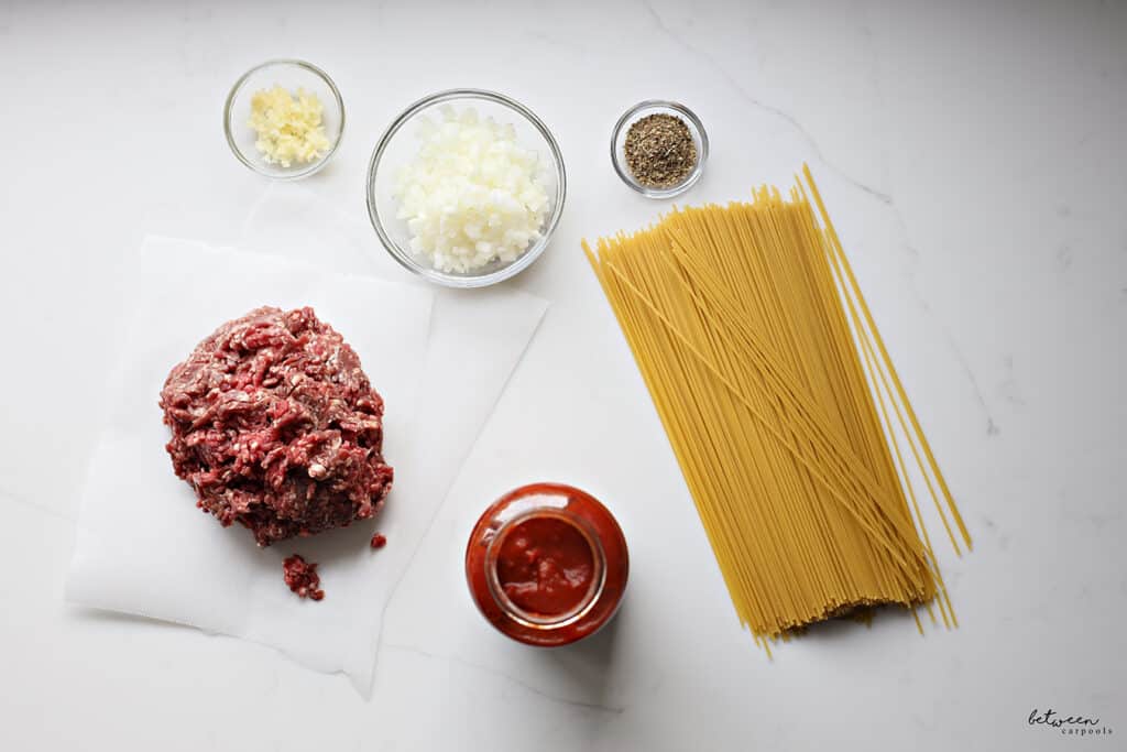 Ingredients for spaghetti and meat sauce.
