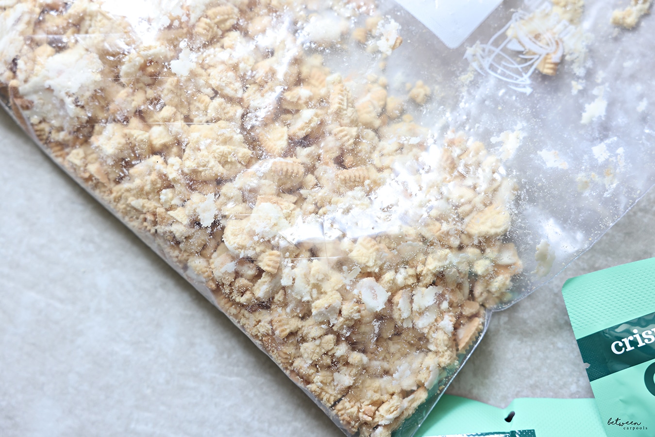 crushed vanilla sandwich cookies in a Ziploc bag