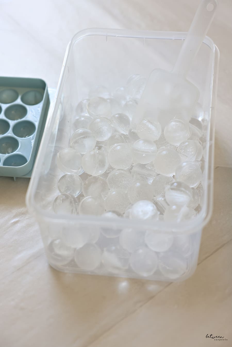 Frozen Ice Balls in the container the Ice Trays set comes with