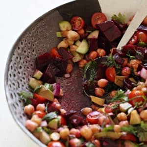 Beet and Chickpea Salad in a large bowl, closeup