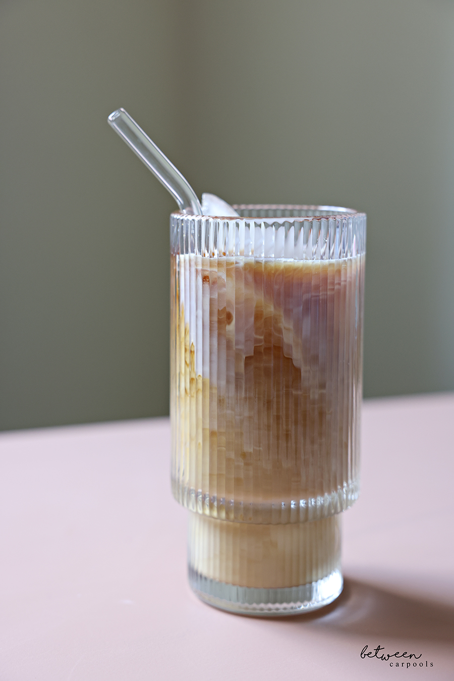 Cold brew over ice with milk.