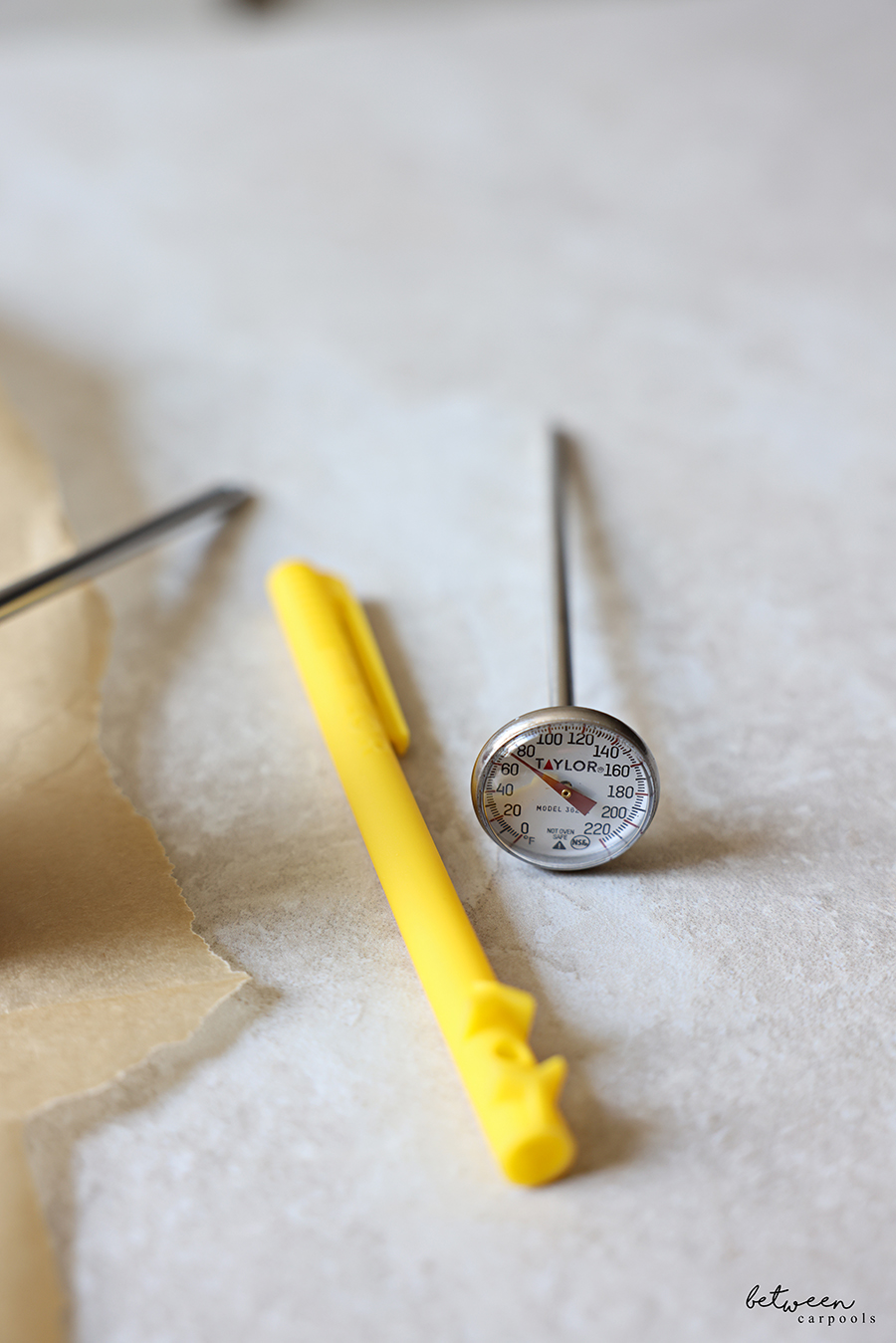 Taylor Instant Read Meat Thermometer with Red Pocket Sleeve near a piece of natural parchment paper.