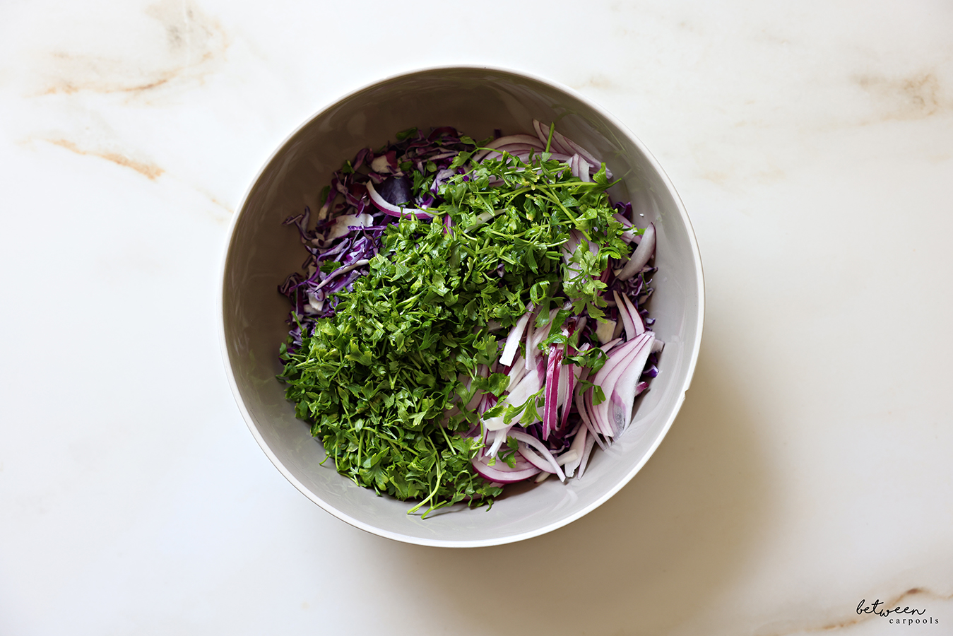 Shredded red cabbage, thinly sliced red onion, and parsley leaves in a large salad bowl.