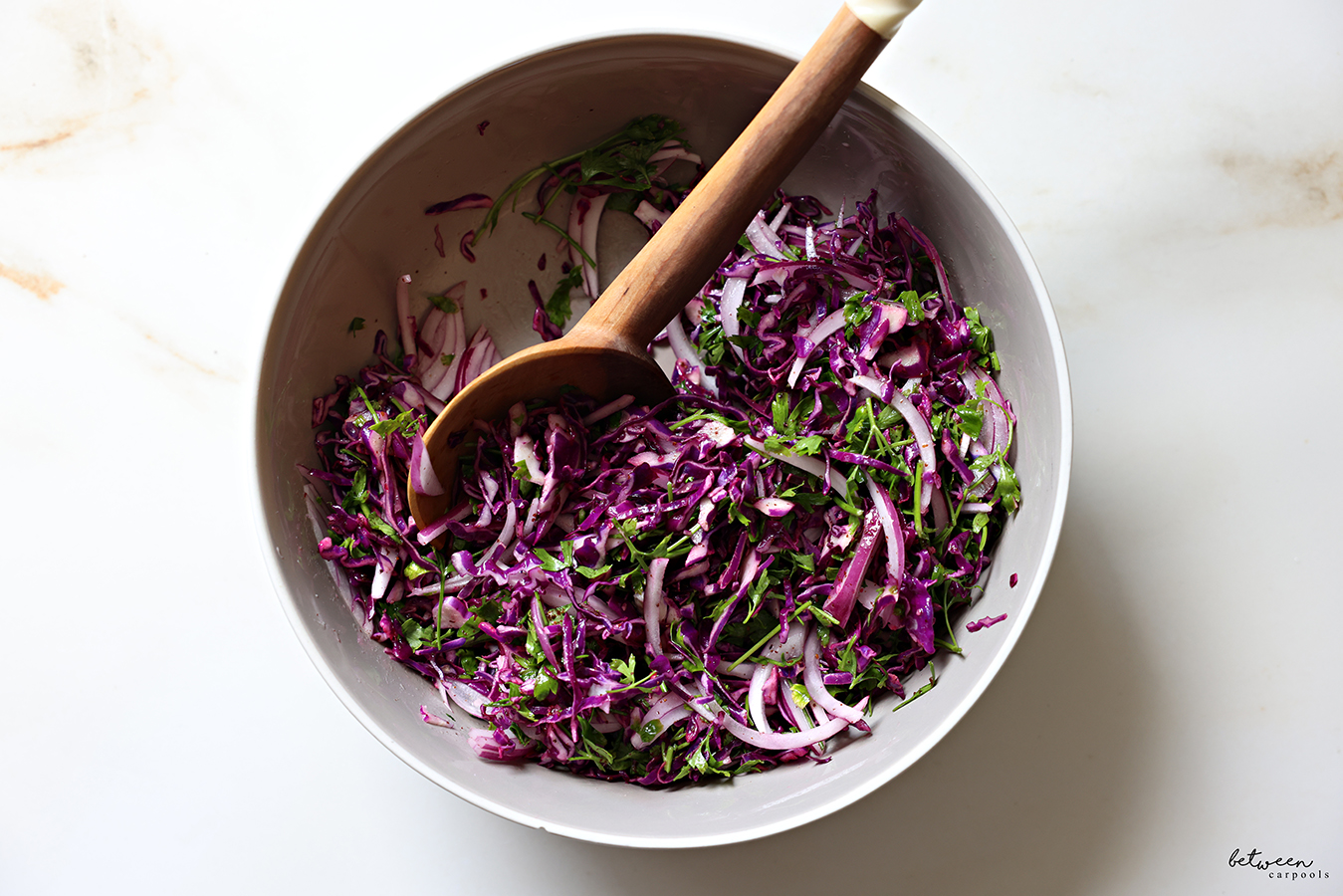 Red Cabbage Salad with Sumac in a large bowl with a wooden serve.