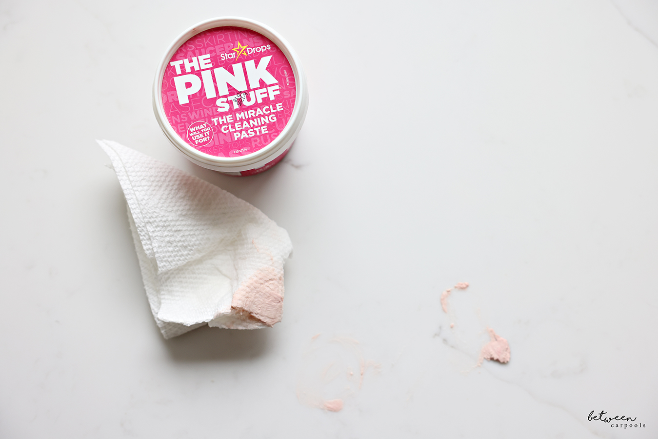 The Pink Stuff Cleaning Paste, and just a little bit on a wet paper towel and/on Quartz counter.