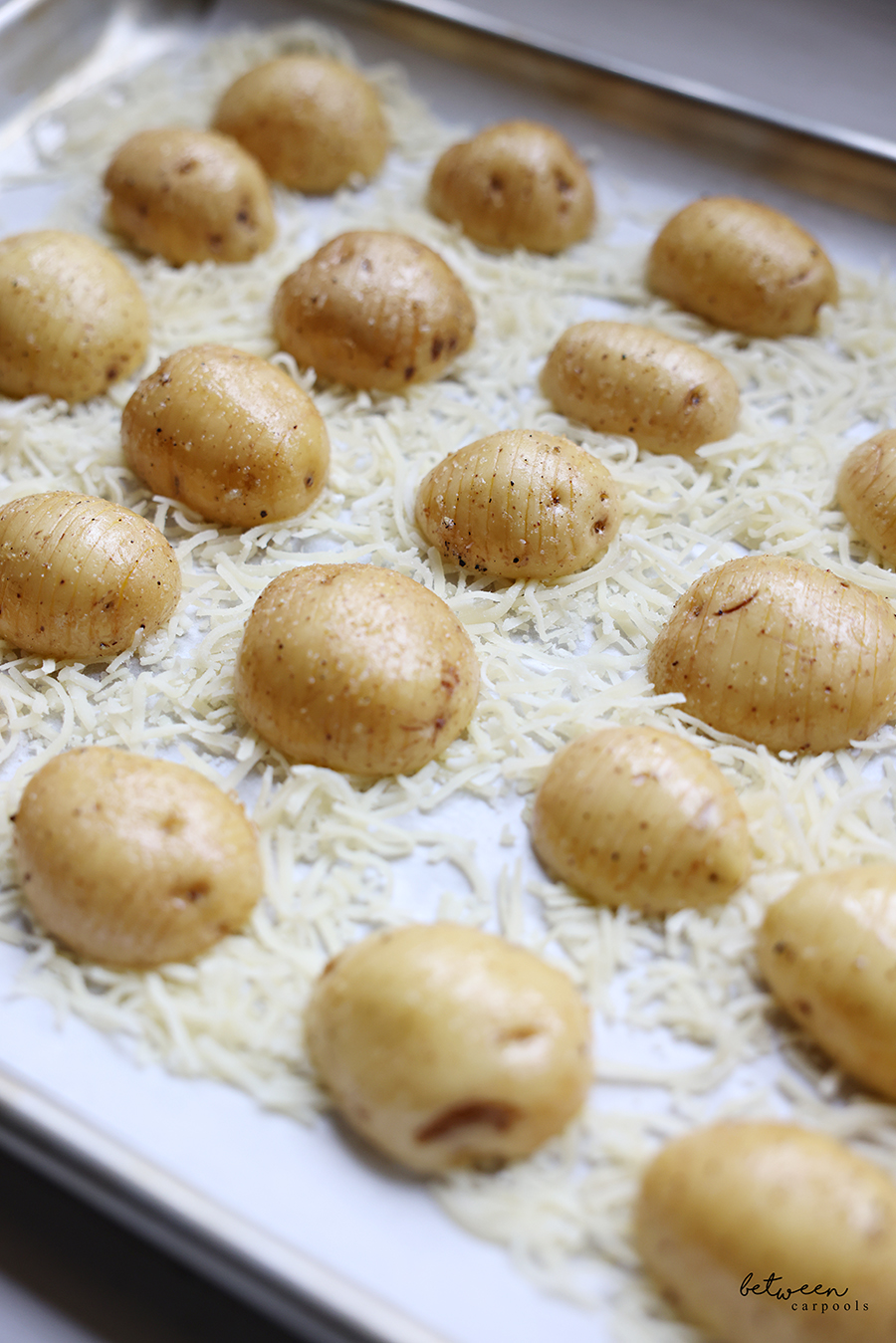 Closeup of hasselback baby potato halves lined up on Parmesan cheese on a parchment lined sheet pan.
