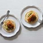 Panko topped salmon over zoodles and eggplant puree.