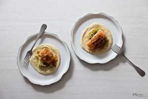 Panko topped salmon over zoodles and eggplant puree.