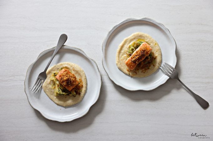 Panko topped salmon over zoodles and eggplant puree.