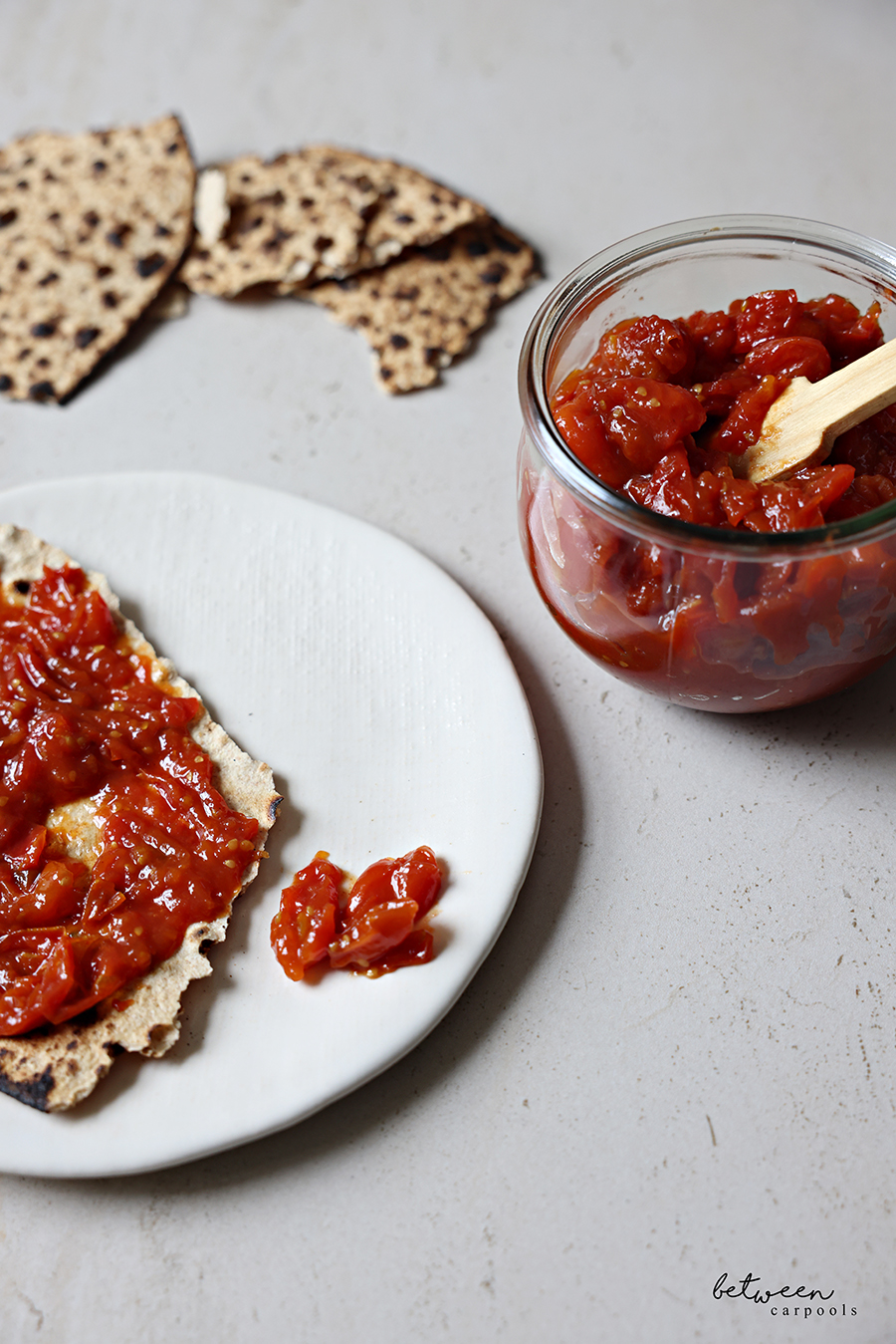 Easy Homemade Tomato Jam on Matzah.
